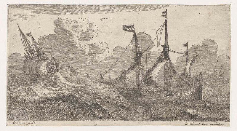 Gravura de Unknown Artist mostrando navios lutando contra ondas turbulentas no mar