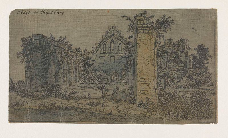 Ruins of the Abbey of Rijnsburg, Small Version by Hercules Segers, etching depicting abbey and clouds.