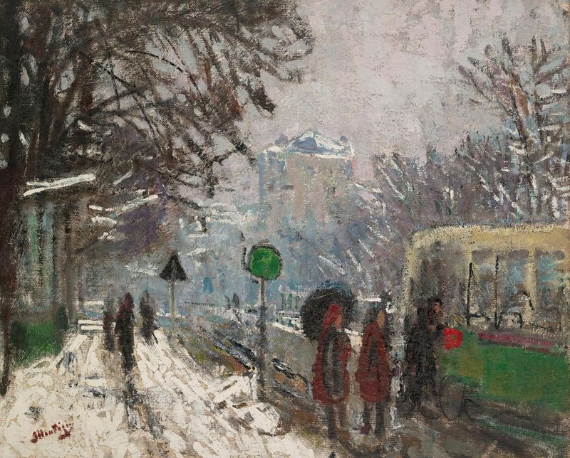 Paisaje invernal con camino cubierto de nieve y árboles, óleo sobre lienzo de Pierre-Eugène Montézin