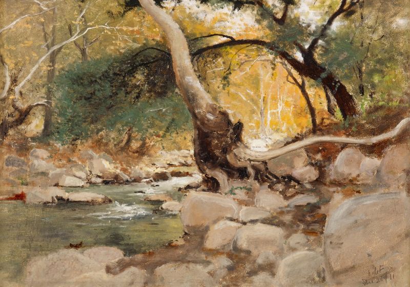 Mission Canyon, Santa Barbara by Lockwood de Forest, oil on canvas depicting serene landscape.