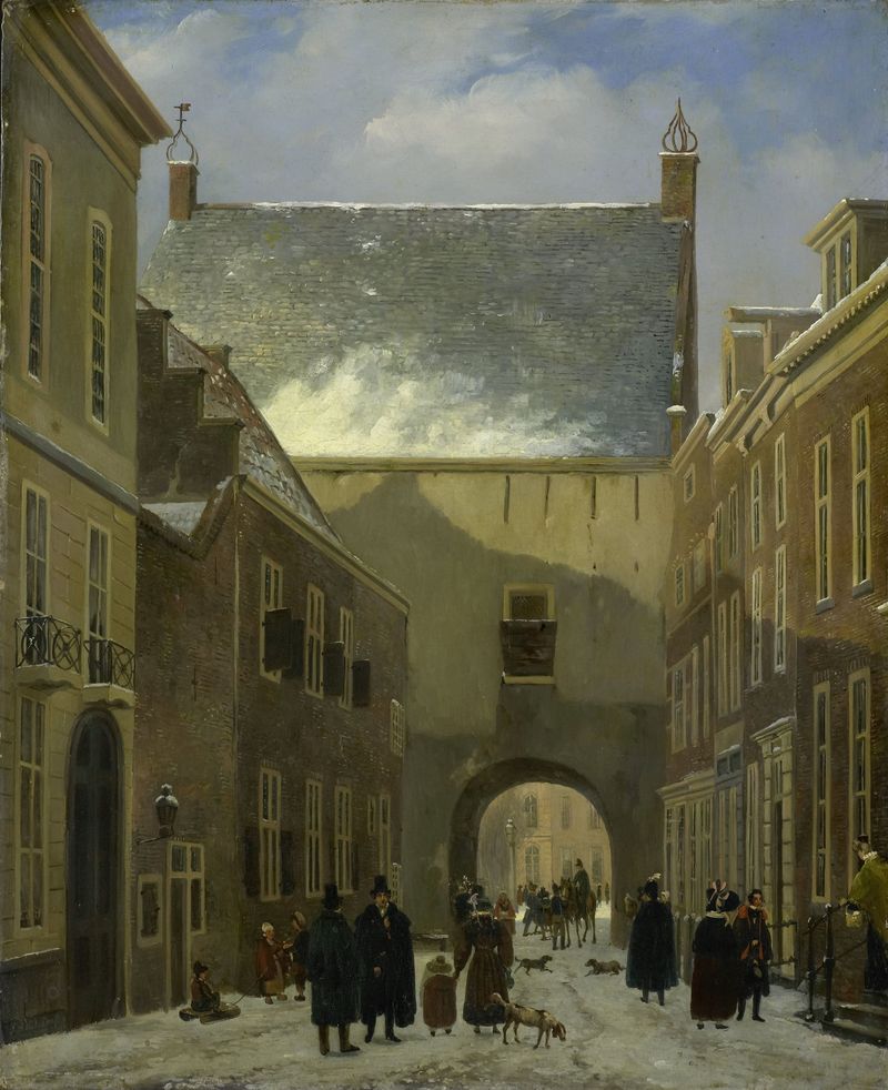 The Gevangenpoort, un óleo sobre lienzo de Johannes Adrianus van der Drift, que representa un edificio histórico.