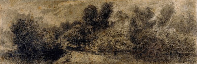 Paysage de ville avec remparts de Théodore Rousseau, óleo que muestra una ciudad serena con colinas y fortificaciones.