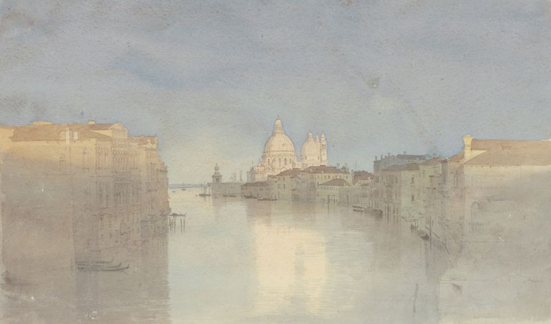 Oil painting by Carl Theodor Reiffenstein depicting a sunset over a canal with S. Maria della Salute in the background.