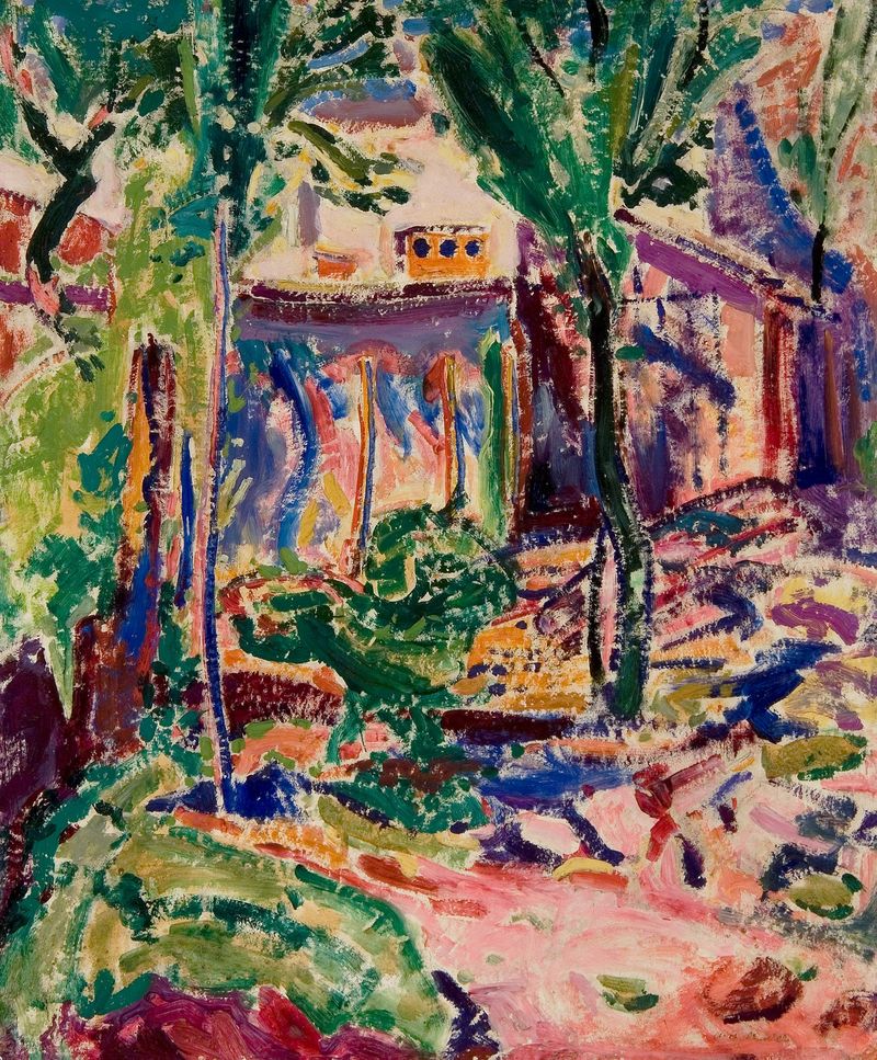 Landscape with House by Alfred Henry Maurer, oil on canvas showing a house among hills and greenery.