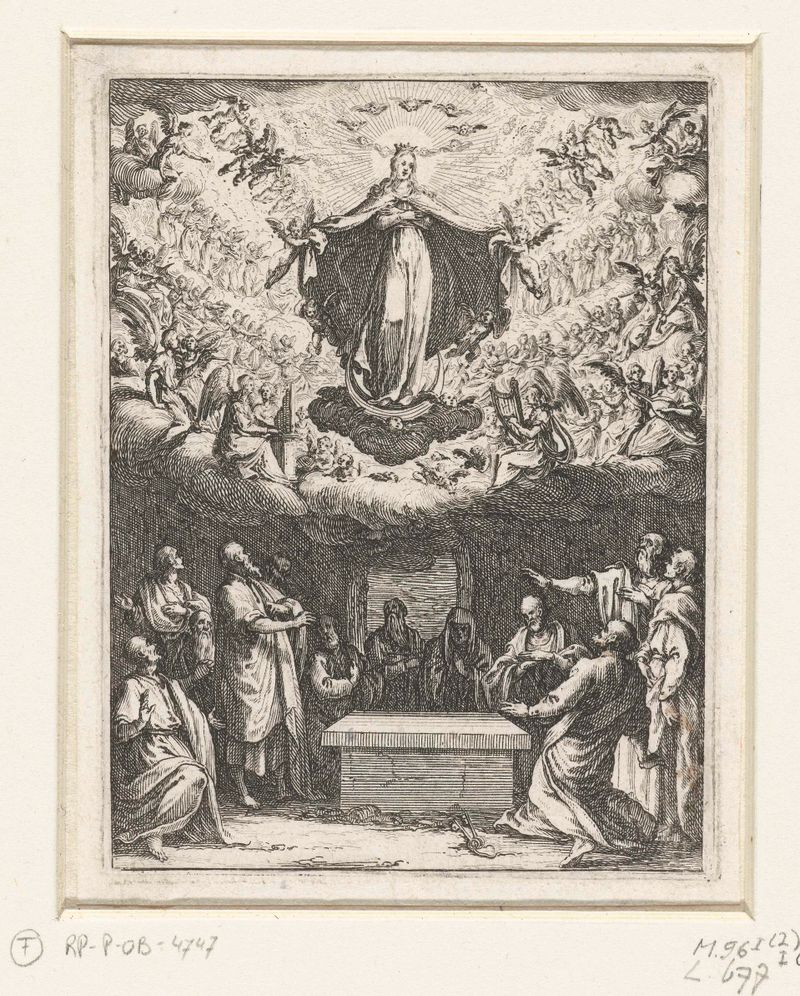 Grabado de Jacques Callot que representa a la Virgen iluminada por luz y sombra etéreas.