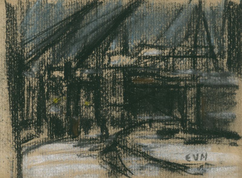 Kranen in de haven, óleo sobre lienzo de Eugeen Van Mieghem, que representa grúas en un puerto al atardecer.