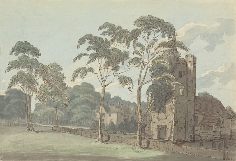 A Church at Stanstead by Joseph Farington, oil on canvas, featuring a church among serene rolling hills.