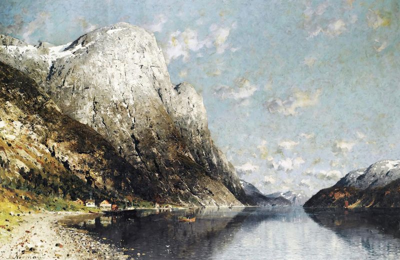 Fjord landscape with mountains and water by Adelsteen Normann, oil painting.