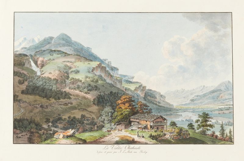 La Vallée Oberhasli by Johann Ludwig Aberli, oil painting featuring a valley and mountains.