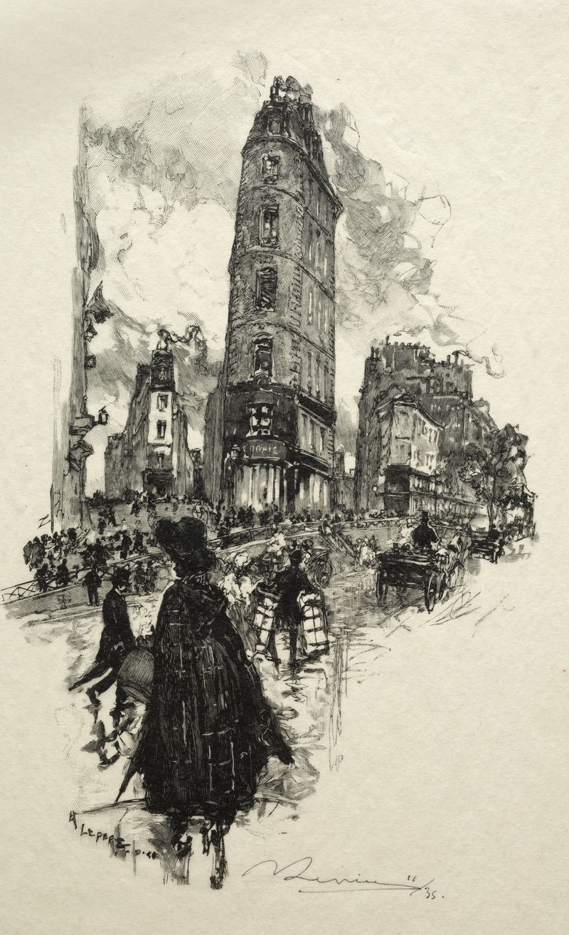 Escena de calle empedrada con edificios en luz suave, grabado de Auguste Louis Lepère