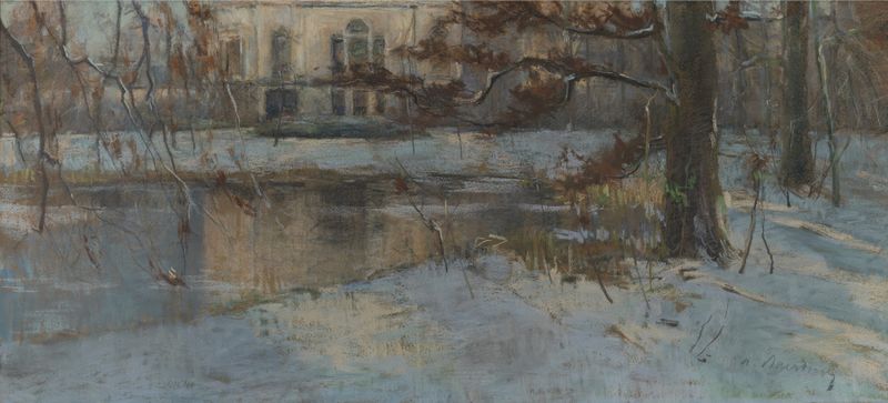 Winter landscape with snow covering a park and landhouse, oil on canvas by Albert Baertsoen
