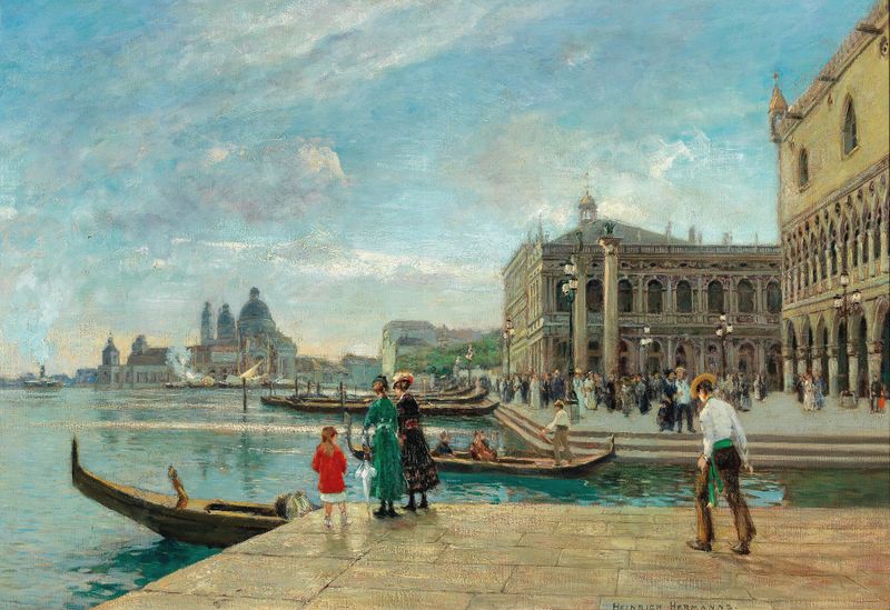 Oil painting by Heinrich Hermanns depicting Venice's St Mark’s Columns and Santa Maria della Salute