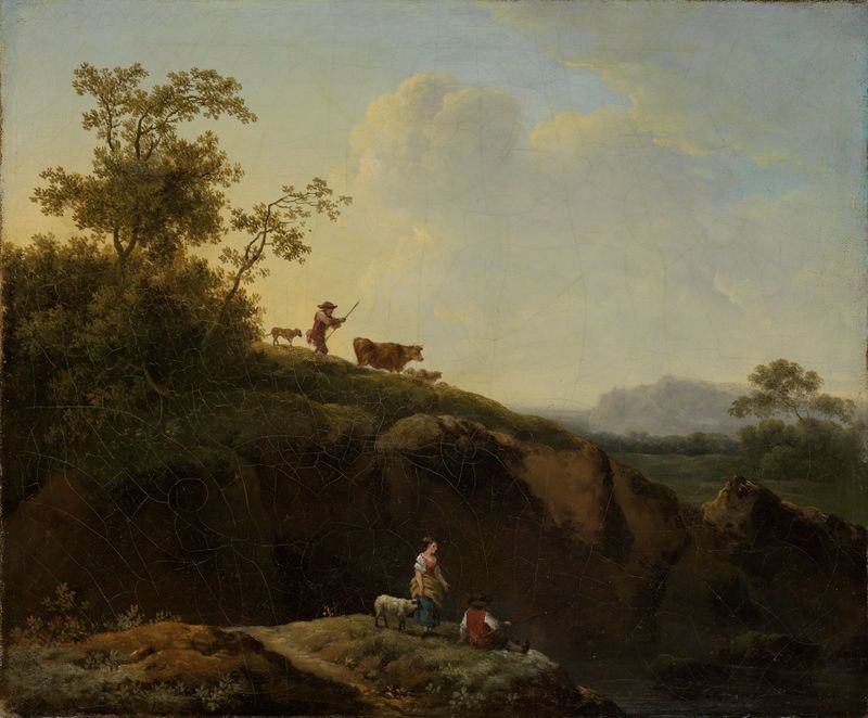 Rococo oil painting by Georg Friedrich Meyer depicting shepherds at twilight.