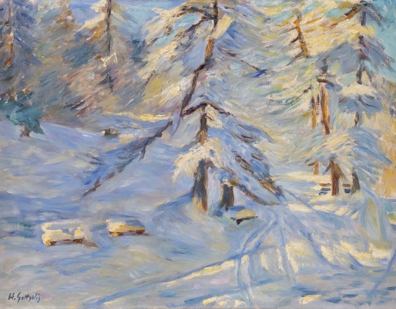 Floresta de inverno à luz do sol de Heinrich Gottselig, pintura a óleo mostrando luz filtrando entre as árvores.