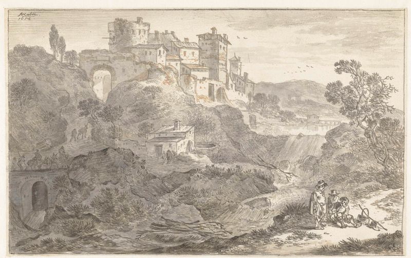 Italianate Landscape by Adriaen van der Kabel, depicting a serene landscape with a stream and hills, oil painting.