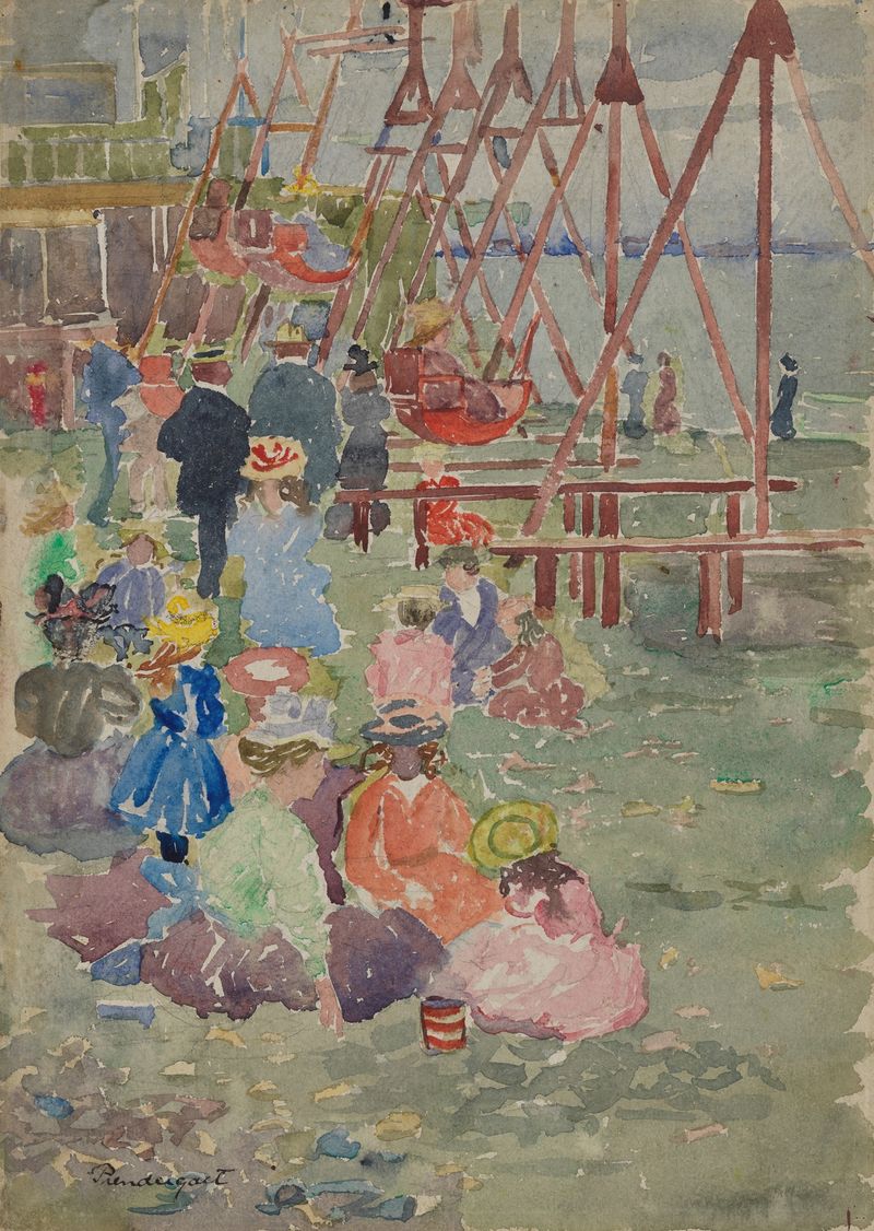 Swings, Revere Beach by Maurice Prendergast, depicting children on swings, oil painting.