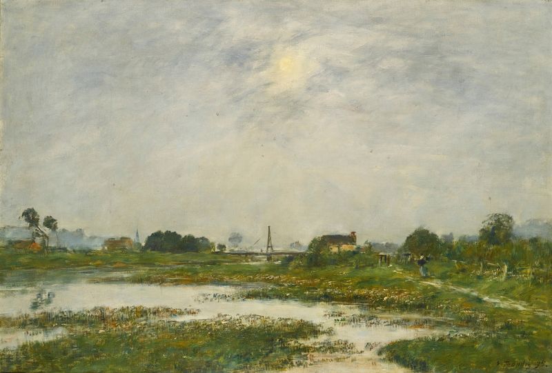 Pintura a óleo de Eugène Boudin mostrando ondas suaves na costa.