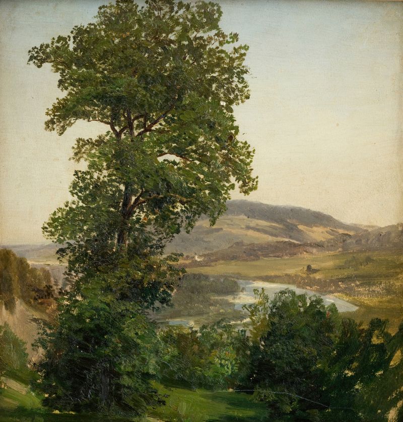 Landscape of the Dniester River at sunset by Henryk Grabiński, oil painting
