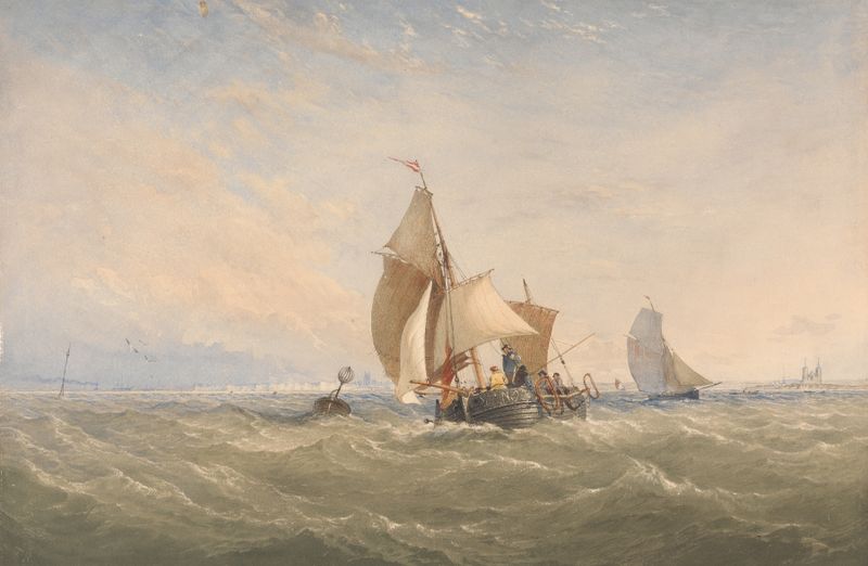 Off to the Fishing Grounds by Thomas Sewell Robins, oil on canvas depicting fishermen preparing a boat at dawn.