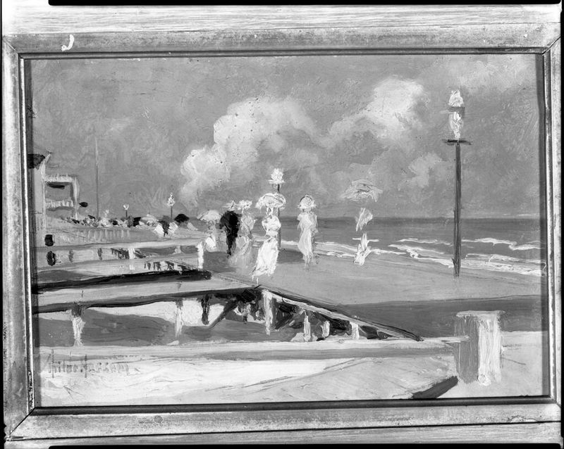 Boardwalk by the Sea, óleo sobre papelão de Childe Hassam