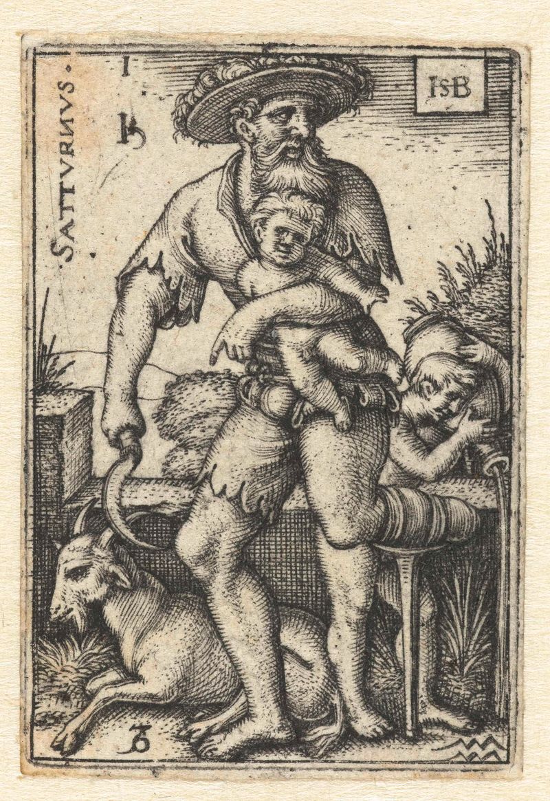 Gravura de Hans Sebald Beham representando Saturno com as constelações de Capricórnio e Aquário.