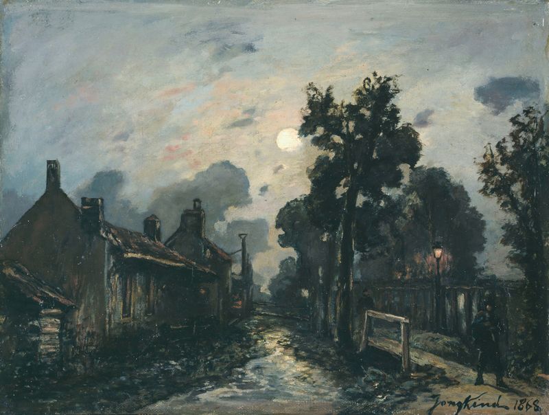 Paisaje de una calle adoquinada al anochecer de Johan Barthold Jongkind, óleo