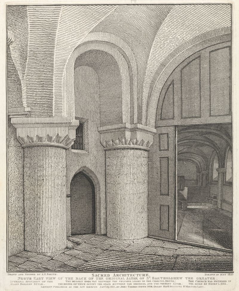 Northeast view of altar with intricate carvings, engraving by John Thomas Smith