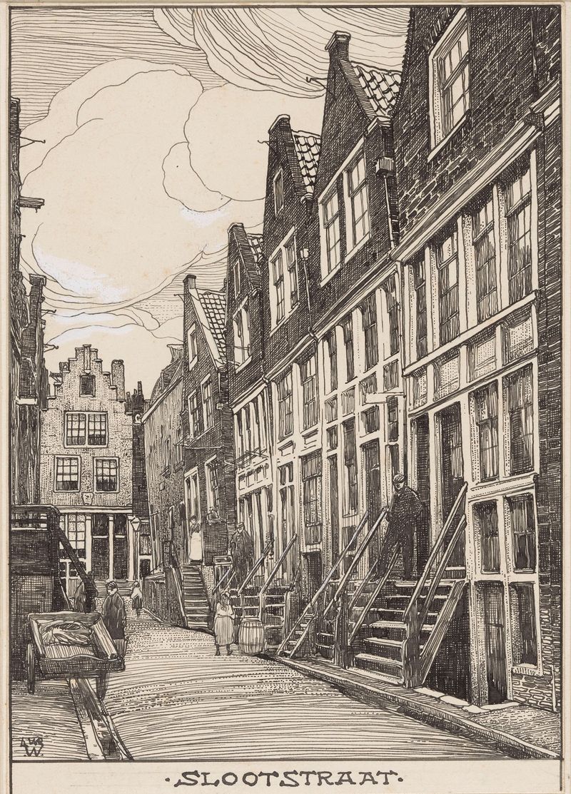Rua de paralelepípedos em Amsterdã, pintura a óleo de Willem Wenckebach