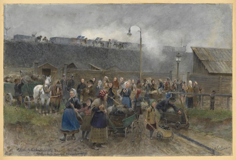 Cena figurativa mostrando figuras no inverno de Moritz Ledeli, pintura a óleo