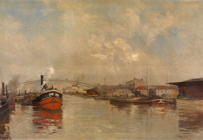 The Docks La Villette in Paris by Pierre Vauthier, oil on canvas depicting boats and water.