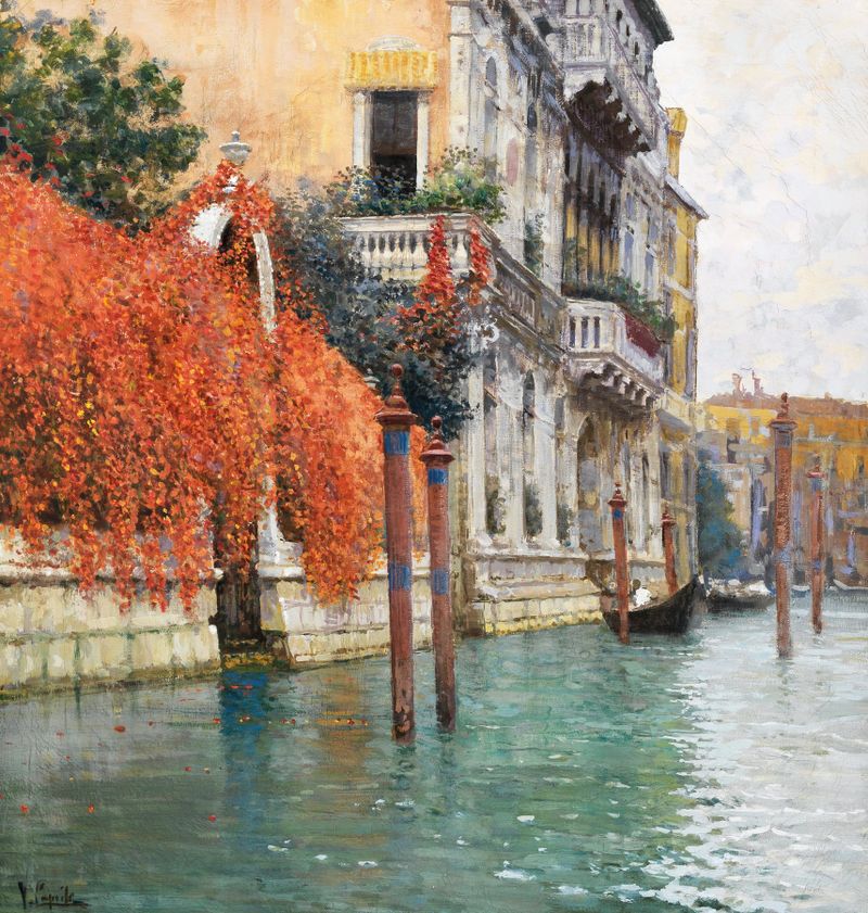 Venecia, el Gran Canal de Vincenzo Caprile, óleo sobre lienzo que muestra góndolas y arquitectura.
