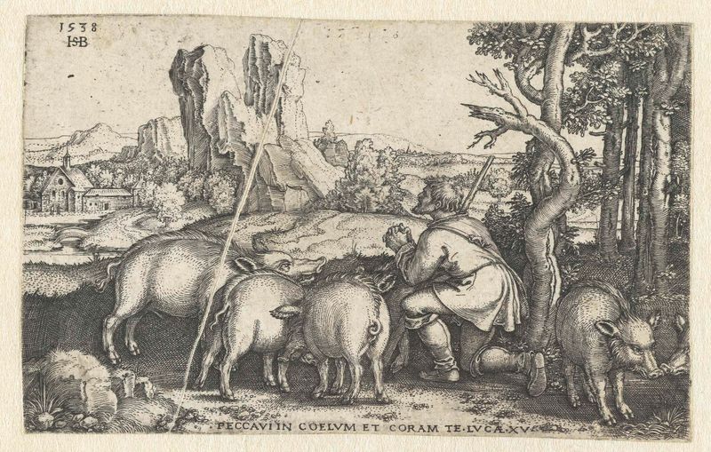 Gravura de Hans Sebald Beham mostrando um jovem em uma paisagem com sombras.