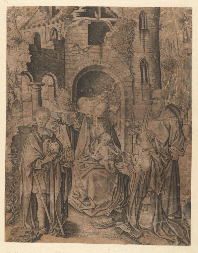Engraving by Meester IAM van Zwoll depicting three kings with gold leaf and shadow