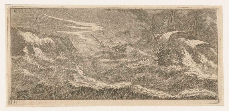 Zeilschepen in een zeestorm grabado de Reinier Nooms que muestra barcos luchando contra un mar tempestuoso