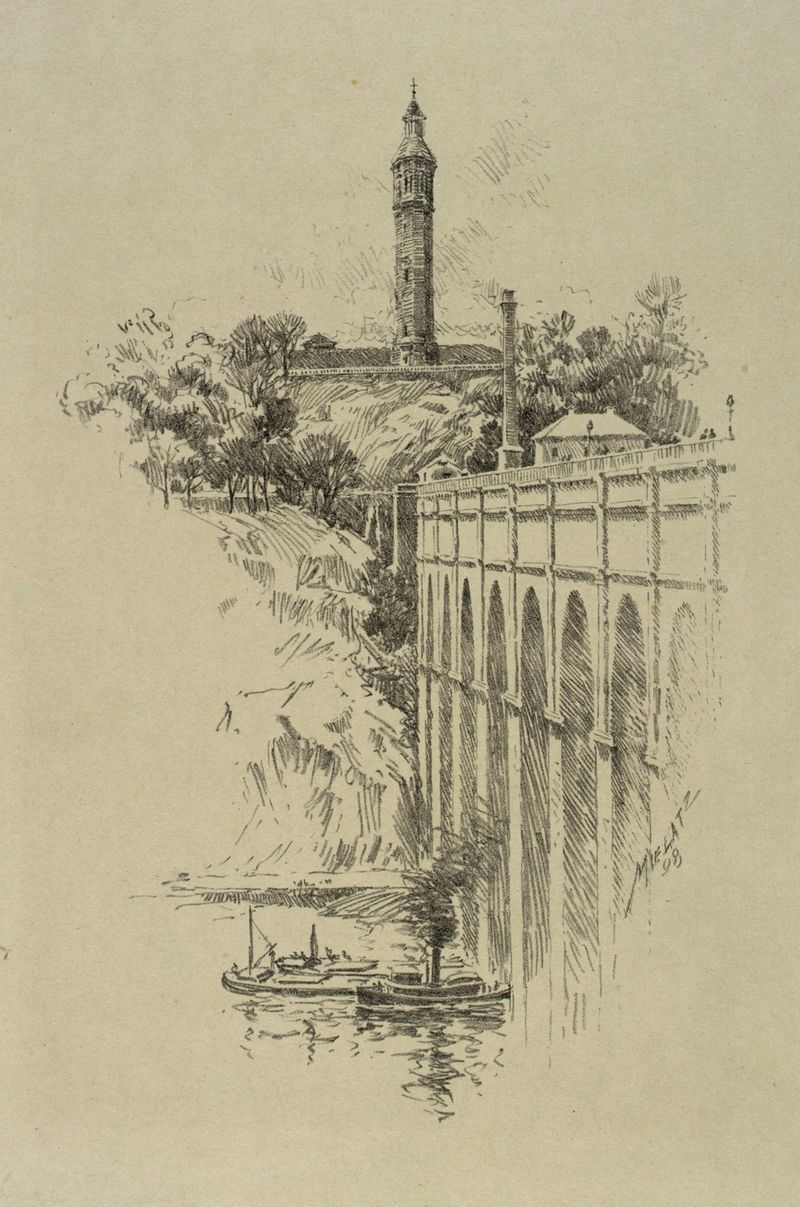 Grabado de Highbridge por Charles Frederick William Mielatz que representa un puente sobre un río