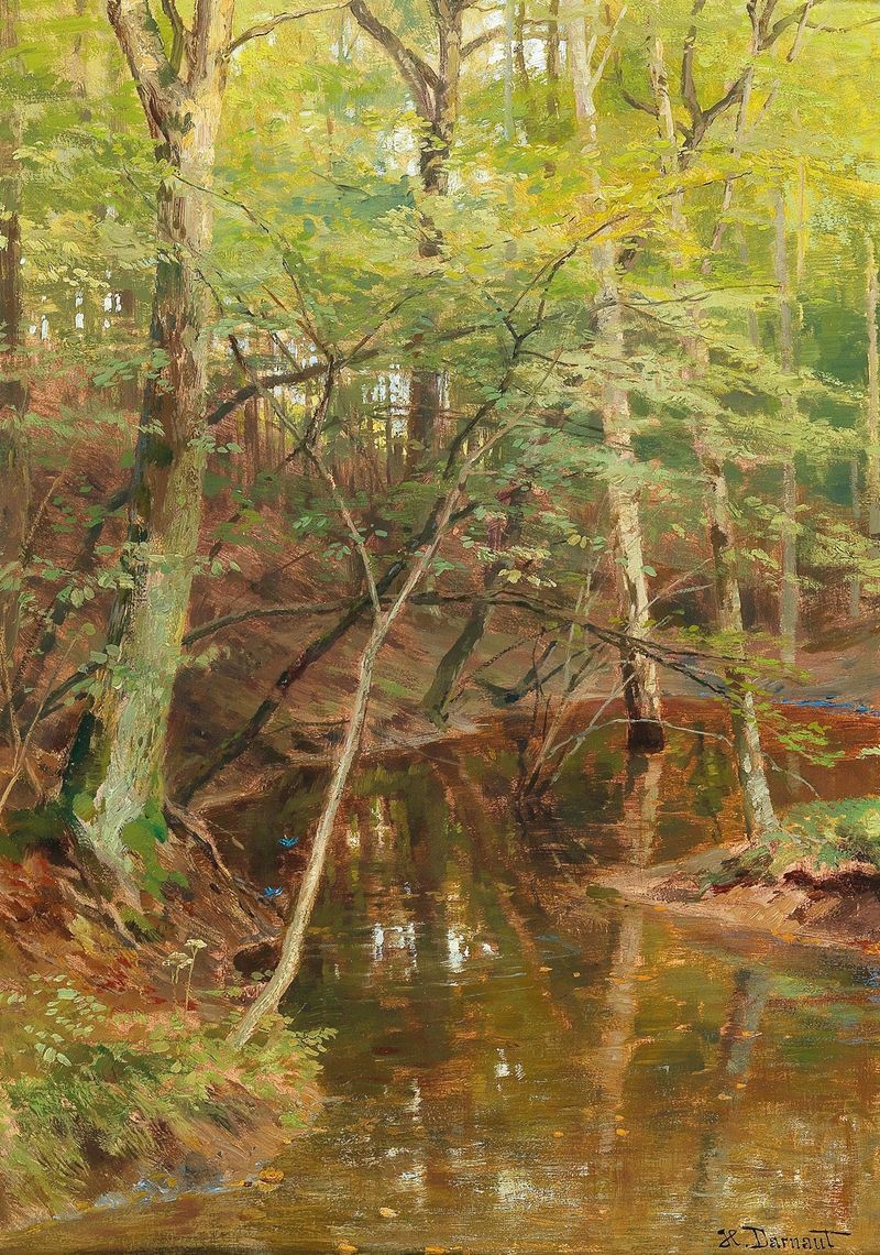 Woodland Stream by Hugo Darnaut, oil on canvas depicting a tranquil forest scene.