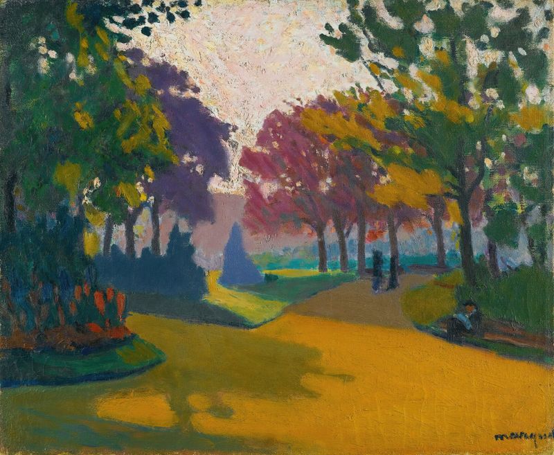 Jardin Du Luxembourg de Albert Marquet, pintura a óleo que retrata um jardim tranquilo com um lago.