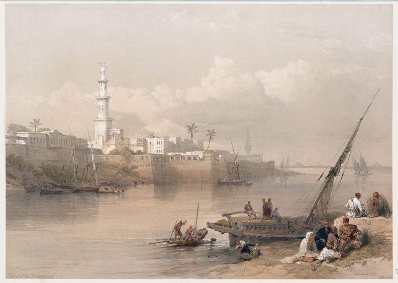 Vista del Nilo; ferry a Gizeh, óleo sobre lienzo de David Roberts