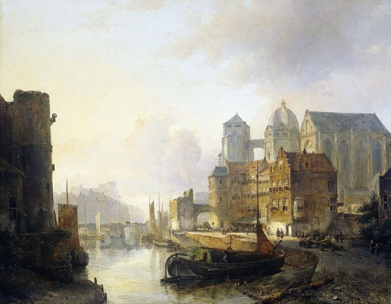 Landscape depicting a riverside town with Aachen Cathedral, oil painting by Kasparus Karsen