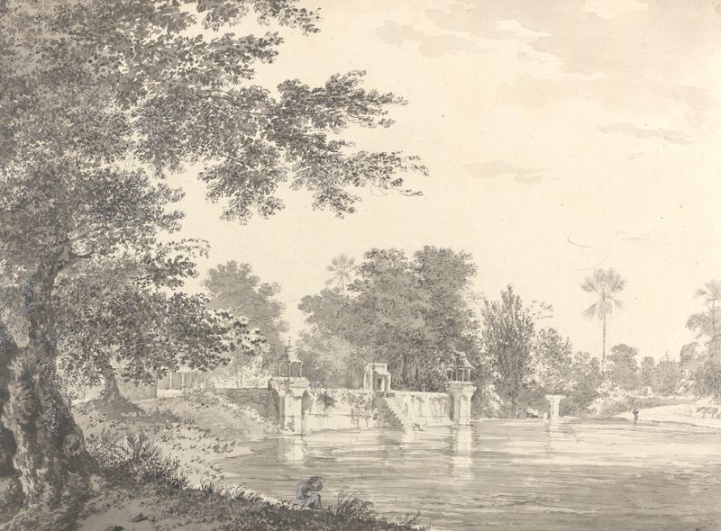 Landscape drawing of mountains and river by William Hodges, ink on paper