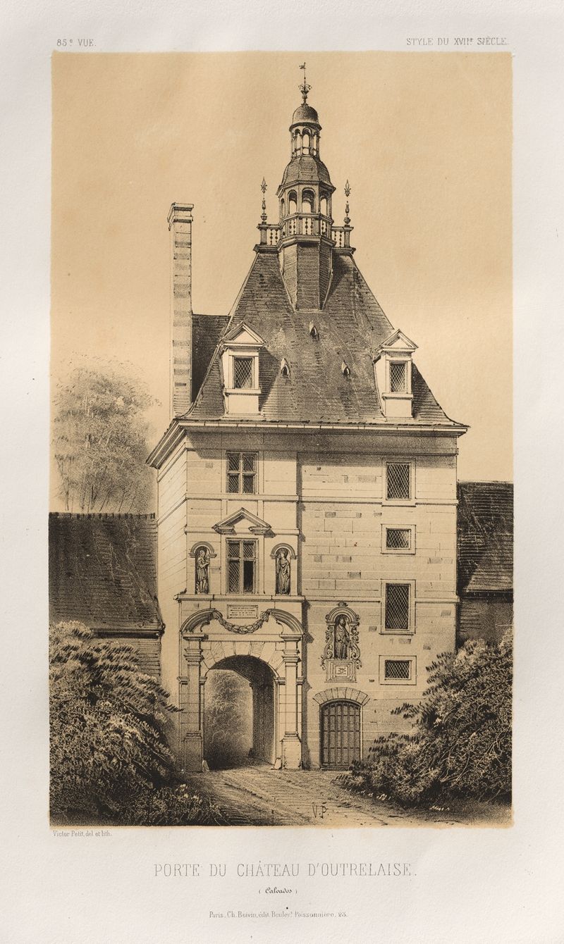 Porte du Château d’Outrelaise, óleo sobre lienzo de Victor Petit, con un gran arco y paisaje.