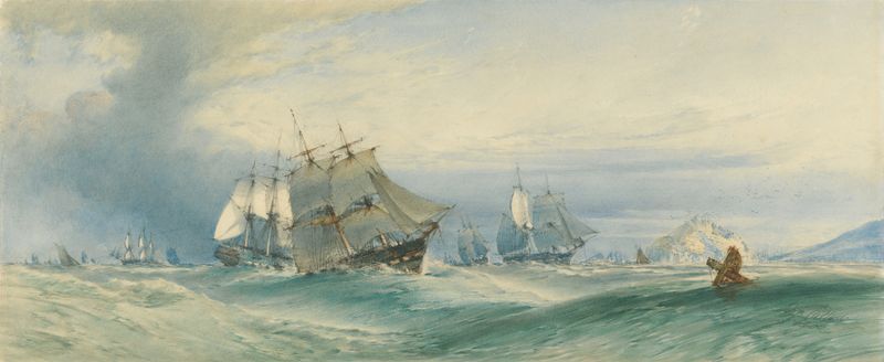 Cena marinha com barcos no mar, pintura a óleo de John Callow