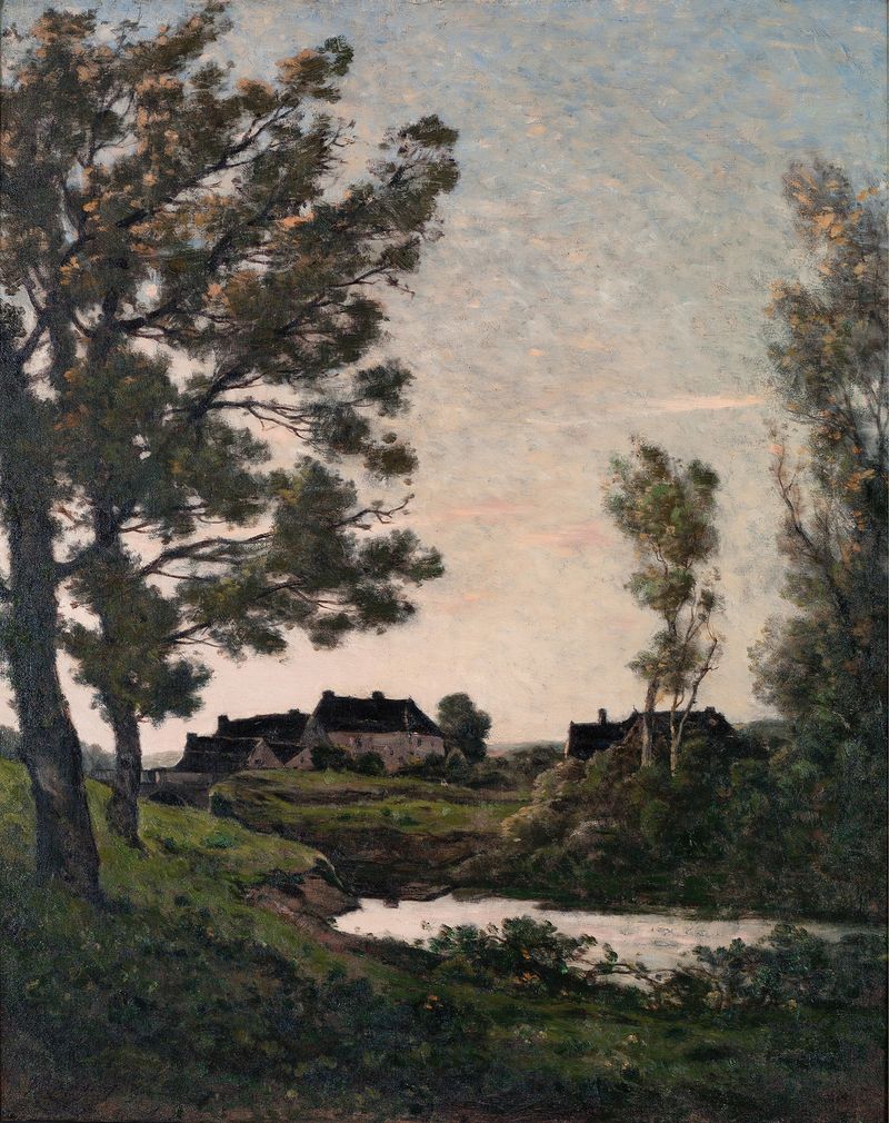 La Rigole à St. Privé, Yonne de Henri-Joseph Harpignies, óleo sobre tela representando uma paisagem de rio tranquila