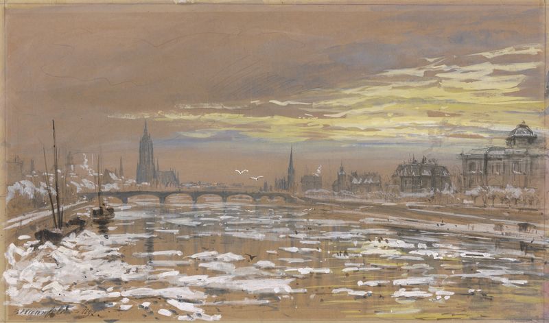 Paisaje de río en invierno de Bernhard Mannfeld, con edificios distantes y tonos fríos.