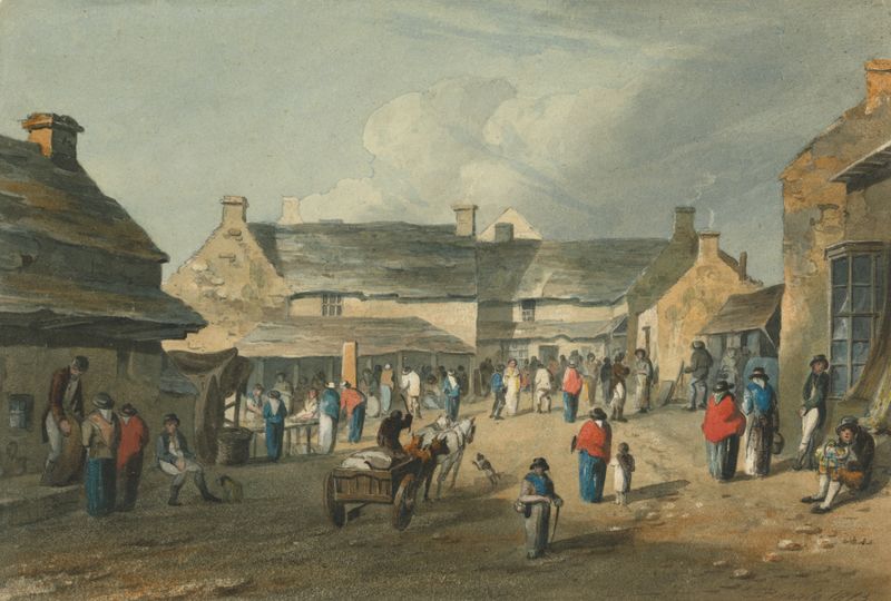 Welsh Fair by John Preston Neale, genre scene depicting a lively market with vendors and colorful goods.