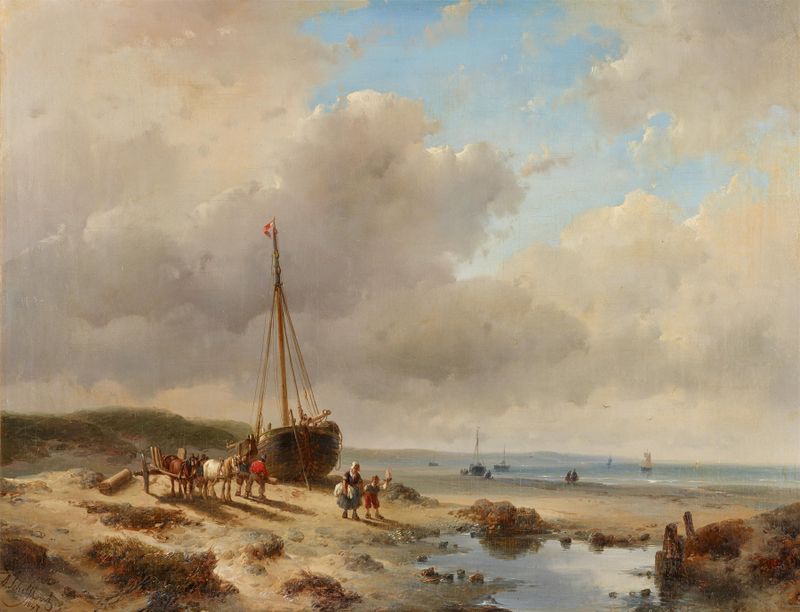Fischerboote am Strand de Andreas Schelfhout, óleo que muestra barcos de pesca en una playa al amanecer