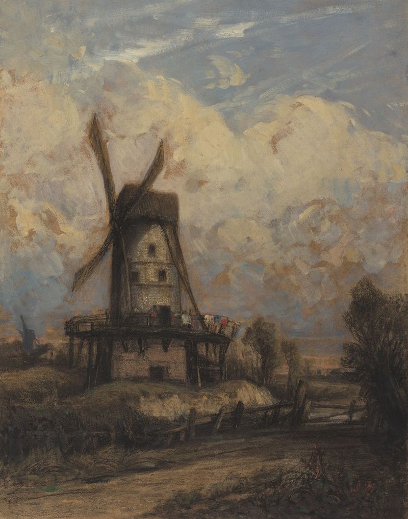 A windmill against a cloudy sky, oil painting by Constant Troyon