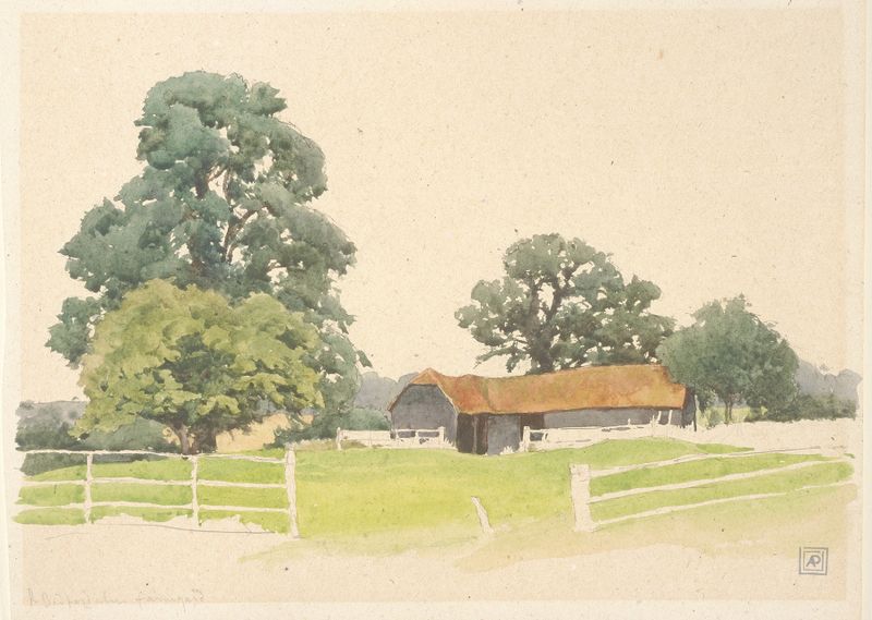 Landscape of a farmyard with golden light, oil painting by Alfred Parsons