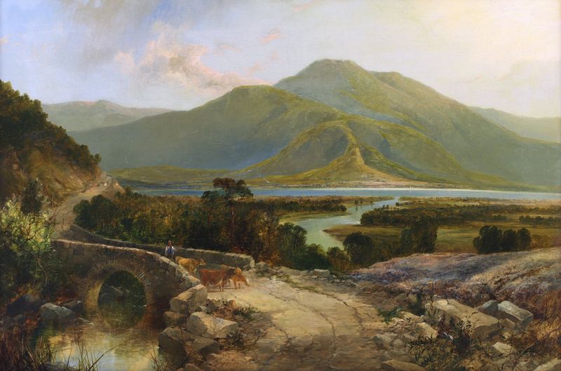 A drover with cattle in a mountainous lake landscape, oil on canvas by James Burrell Smith.