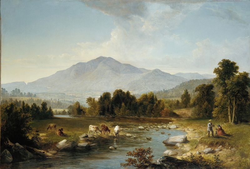 Pintura al óleo de Asher Brown Durand con montañas, un arroyo y luz solar a través de los árboles.